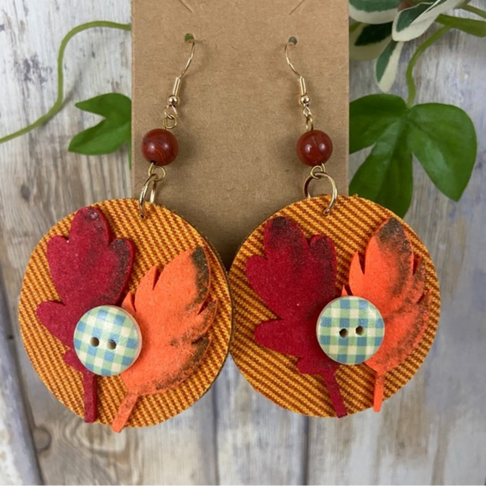 Fall Flannel Leaf Bead Earrings Dangle Handmade Autumn Funky Whimsical